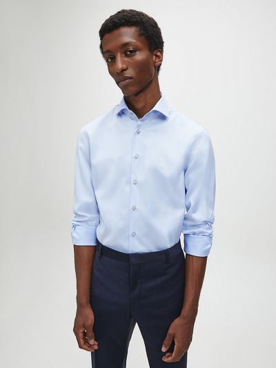 Calvin Klein Ruhák HU652559 | Calvin Klein Fitted Cotton Twill Férfi Ing Világos Kék